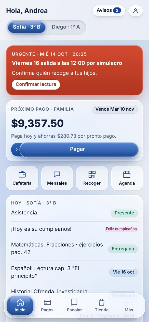 App de familias: próximo pago, aviso urgente y el día de la alumna