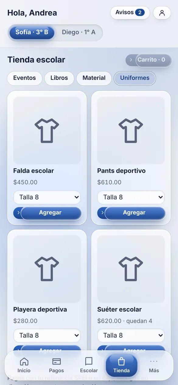 Tienda escolar en la app de familias